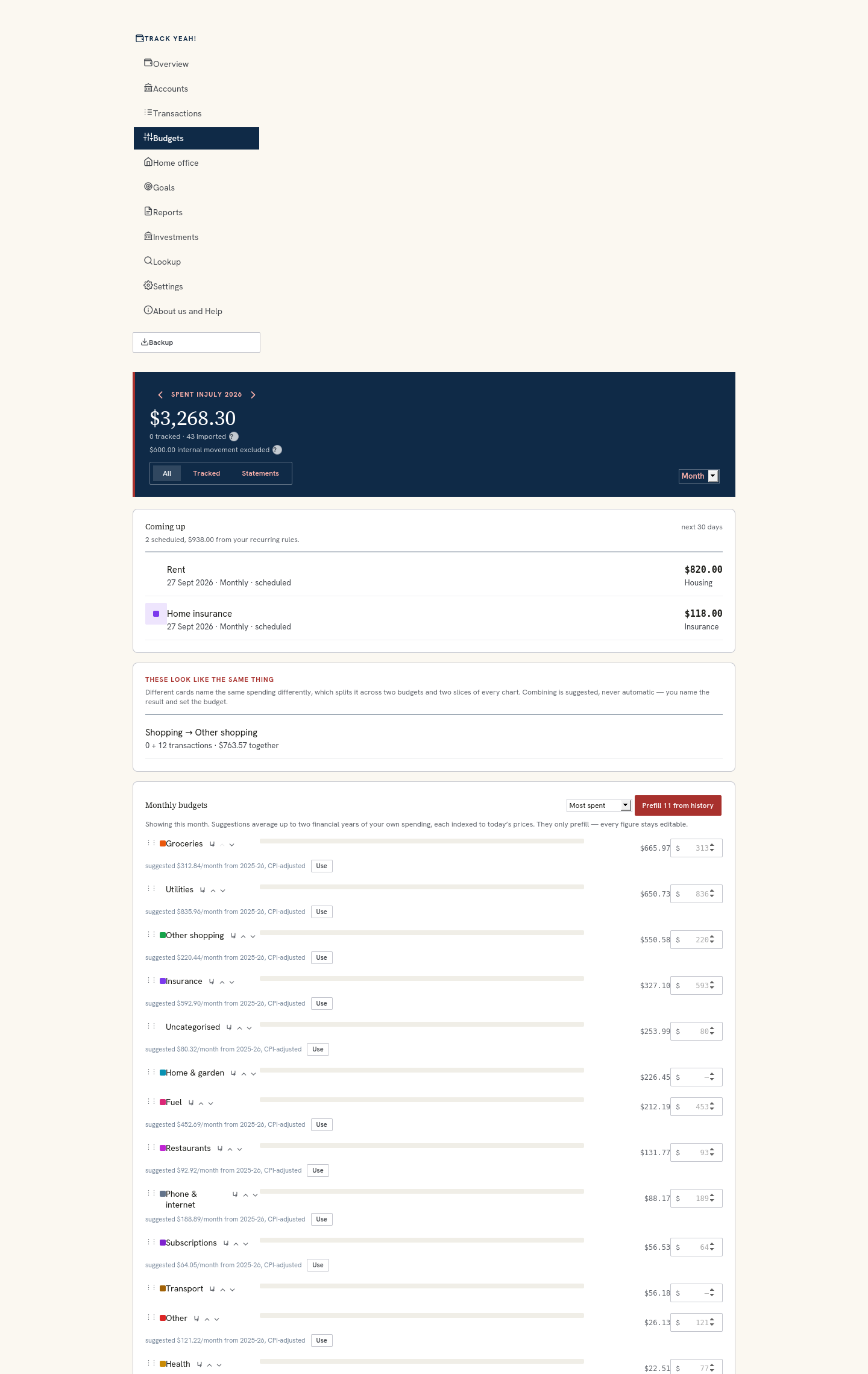 The Budgets tab with a suggested monthly figure beside each category